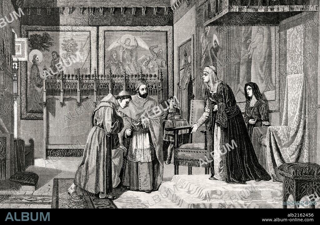 Kingdom of Castile. Interview between Queen Isabella I of Castille (1451-1504) and Ximenez de Cisneros (1436-1517) . Engraving of R. Milliet. La Ilustracion Espan_ola y Americana, 1872.