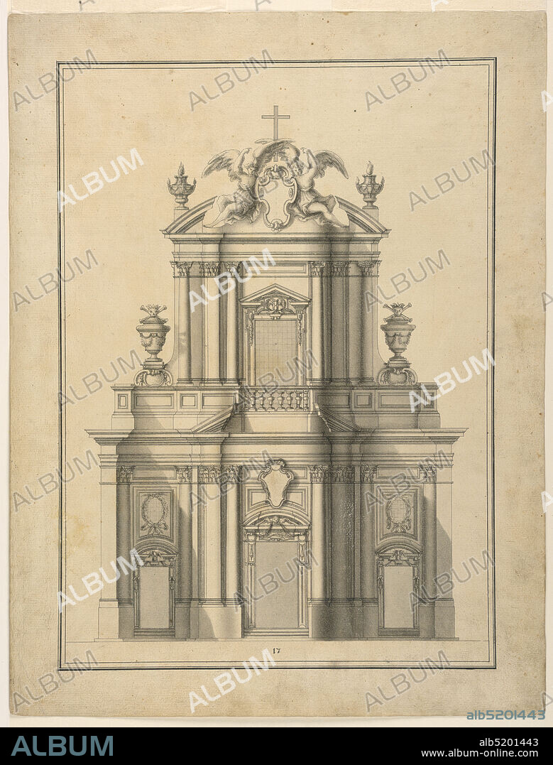 Elevation of the Facade of Santa Maria dell'Orazione e Morte, Rome, Italy, Ferdinando Fuga, Italian, 1699 - 1781, Pen and black ink, brush and gray wash on paper, Design for the two-tiered elevation fo the facade of Santa Maria dell'Orazione e Morte in Rome, Italy. An escutcheon at top flanked by sculptures of two winged figures, a cross above them at center., Italy, 16801730, architecture, Drawing, Drawing.