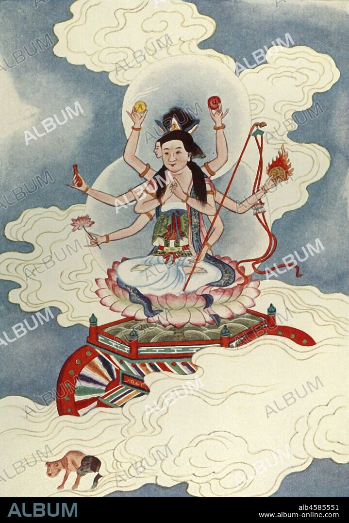 'Tou Mu, Goddess of the North Star', 1922. Doumu, a goddess in Chinese religion and Taoism, the feminine aspect of Heaven, seen to possess many arms and three eyes which symbolise her power to see and accomplish many things, those seeking longevity often pray to her. From "Myths and Legends of China", by E. T. C. Werner. [George G. Harrap & Co. Ltd., London, Calcutta, Sydney, 1922].