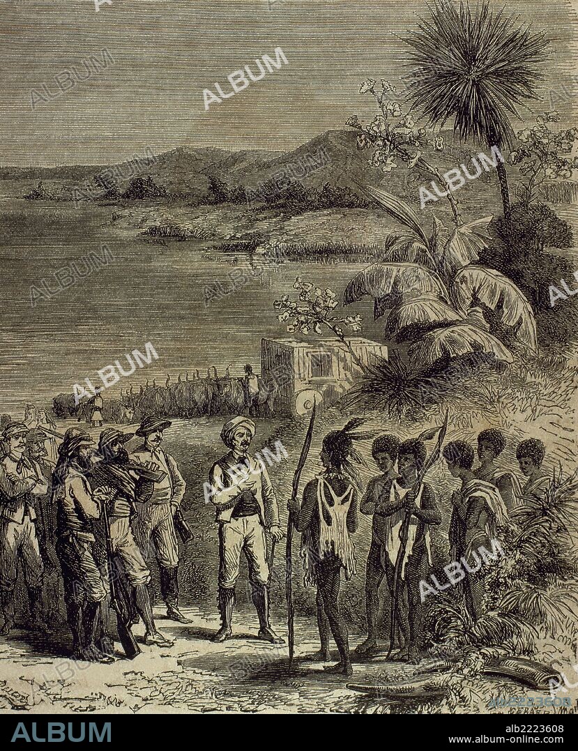 Expedición de Sir Henry Morton STANLEY (1841-1904). Fué enviado por el "New York Herald" en 1871 en busca de Livingstone, al que encontró en la zona del lago Tanganica. En 1879 remontó el río Congo, alcanzó el Stanley Pool y descubrió el lago Leopoldo. "STANLEY Y LIVINGSTONE A ORILLAS DEL LAGO NYAMI".
