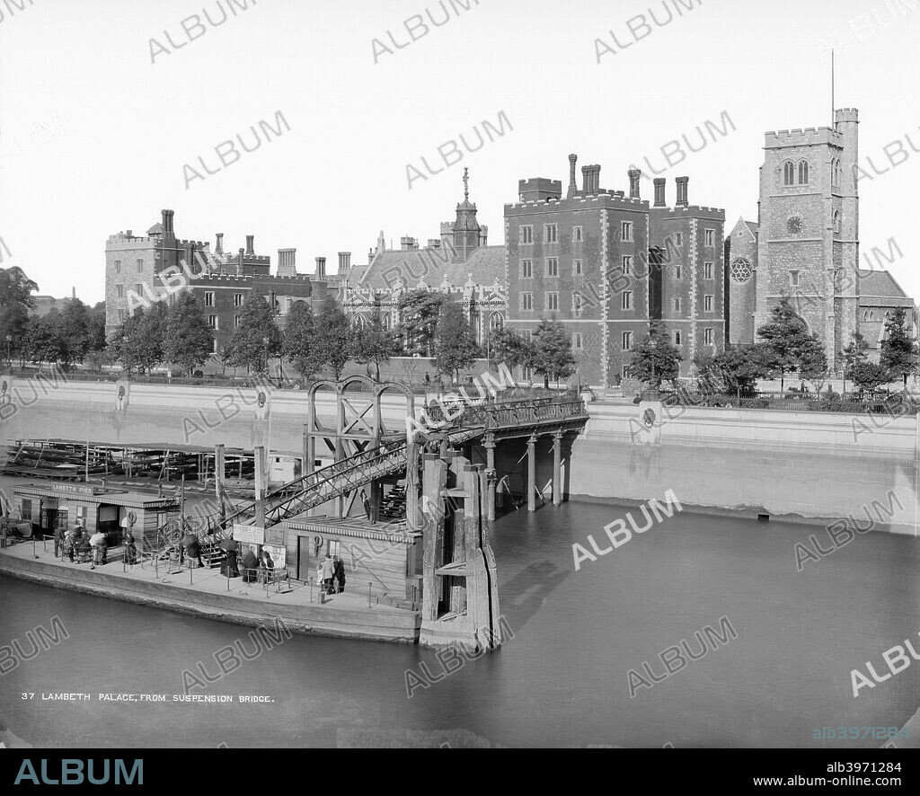 Lambeth Palace, Lambeth, London, c1870-1900. A view of Lambeth Palace from the Thames with Lambeth Pier in the foreground. The Palace has been the offical residence of the Archbishop of Canterbury since the beginning of the 13th century.