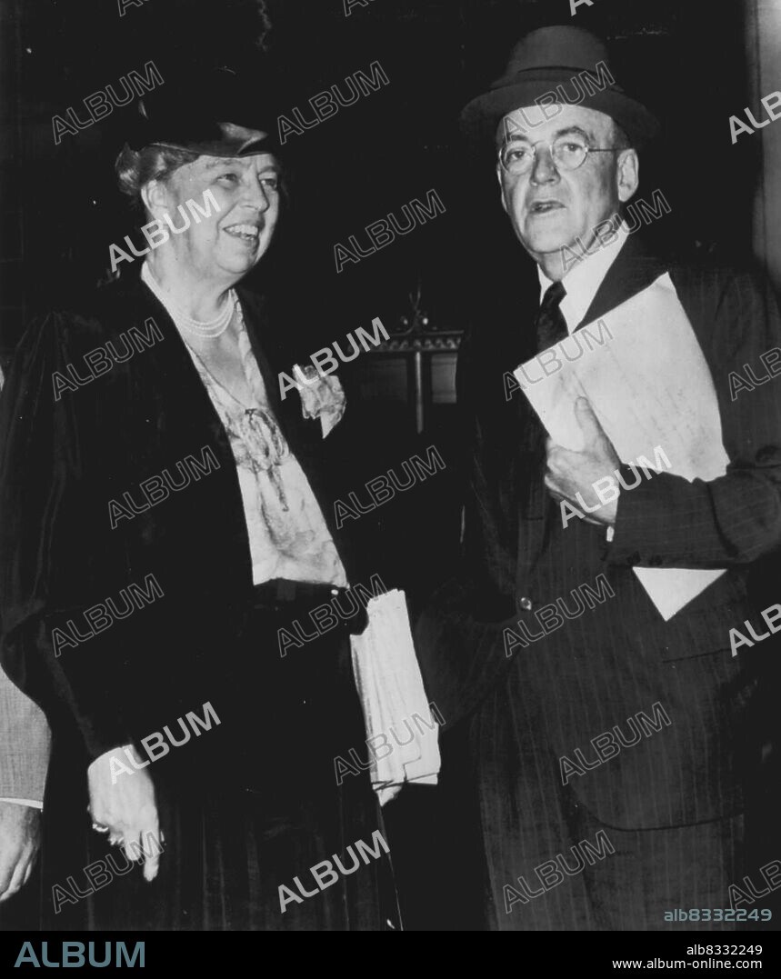Vishinsky Says He Is A 'War-Monger' - John Foster Dulles (right), member of the U.S. delegation to the United Nations and close adviser of Secretary of state Marshall, stands with Mrs. Franklin D. Roosevelt also a member of the delegation, after the session of the U.N. General Assembly here today at which Dulles was called a "war-monger" by Deputy Foreign Minister Andrei Vishinsky of Russia. September 18, 1947. (Photo by AP Wirephoto).