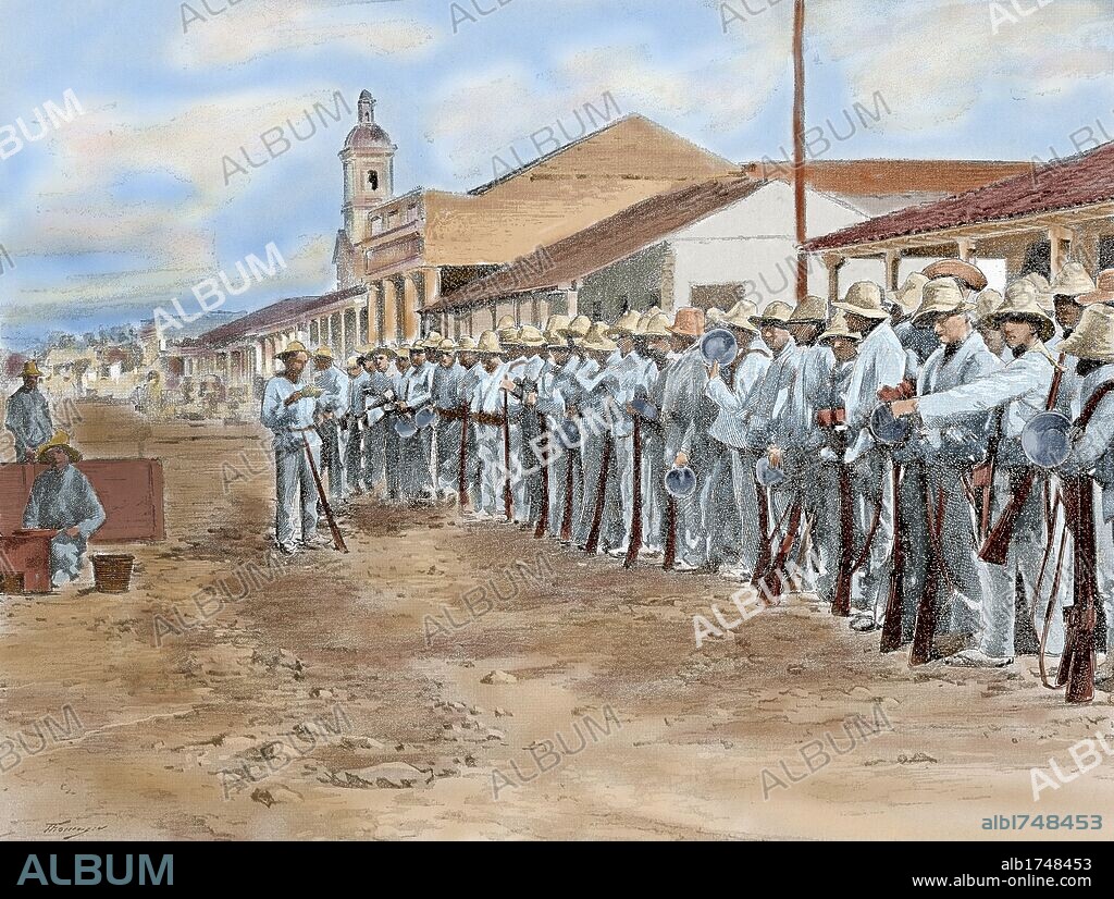 GUERRA DE LA INDEPENDENCIA DE CUBA (1898). Tropas españolas en el momento de pasar lista en Colón. Grabado coloreado del año 1896.