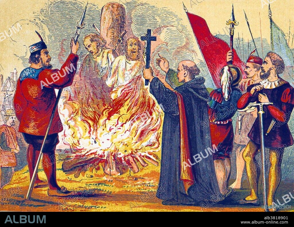 Nicholas Ridley (1500 - October 16, 1555) was an English Bishop of London. he was burned at the stake, as one of the Oxford Martyrs, during the Marian Persecutions, for his teachings and his support of Lady Jane Grey. Hugh Latimer (1487 - October 16, 1555) was a Fellow of Clare College, Cambridge, and Bishop of Worcester before the Reformation, and later Church of England chaplain to King Edward VI. In 1555 under Queen Mary he was burned at the stake, becoming one of the three Oxford Martyrs of Anglicanism. Ridley burned extremely slowly and suffered a great deal. His brother-in-law foolishly put more faggots on the pyre, in order to speed his death, while in fact they caused only Ridley's lower parts to burn. Latimer is supposed to have said to Ridley, "Be of good comfort, and play the man, Master Ridley; we shall this day light such a candle, by God's grace, in England, as I trust shall never be put out." Image taken from page 615 of "A History of England for the Young" by Henry Tyrrell, 1872, entitled: Martyrdom of Ridley and Latimer.