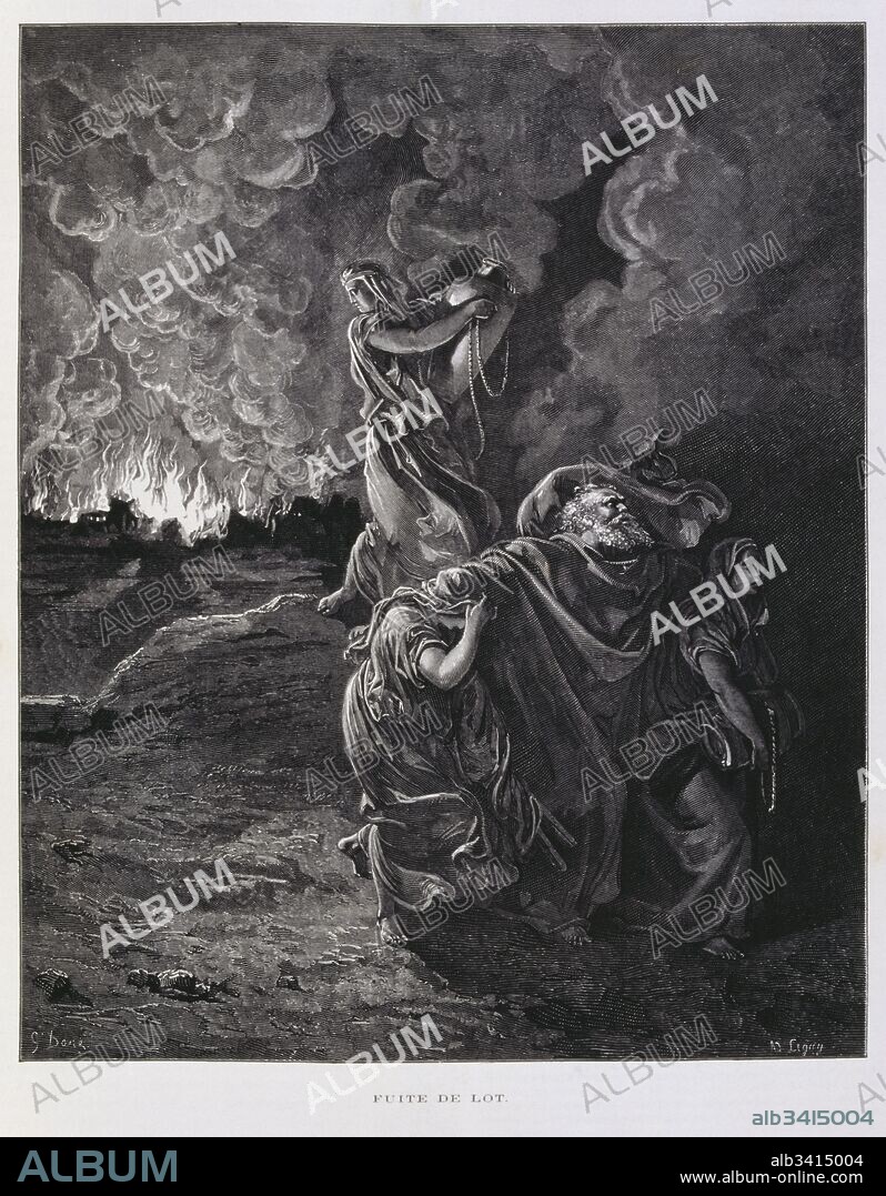 Engraving by  Gustave Doré (1832-1883); Lot was a patriarch in the biblical Book of Genesis. Illustration shows his flight from the destruction of Sodom and Gomorrah, during which Lot's wife became a pillar of salt.