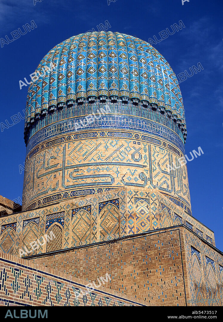 The Bibi Khanum was built by Timur the Great (1336-1405, r.1370-1405), also known as Tamerlane. The mosque was built in honour of his chief wife, Saray Mulk Khanum and was constructed on an epic scale. The building was financed from the spoils of a recent campaign to Delhi (1398) and built with the labour of 95 imported Indian elephants. The original 35m entry arch was flanked by 50m minarets that led into a court paved with marble and flanked with mosques.