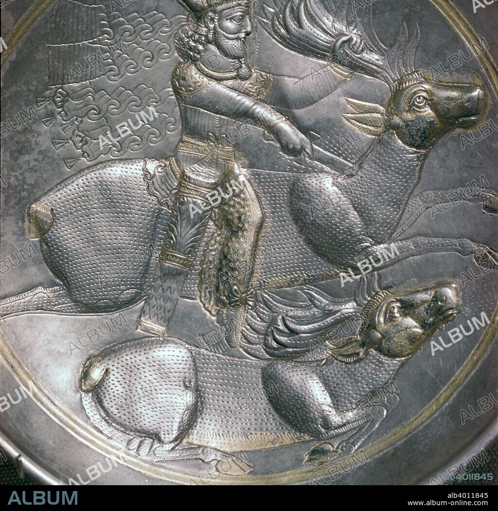 An Early Sassanian gilded silver dish showing King Shapur II hunting a stag, 309-379. From the British Museum's collection.