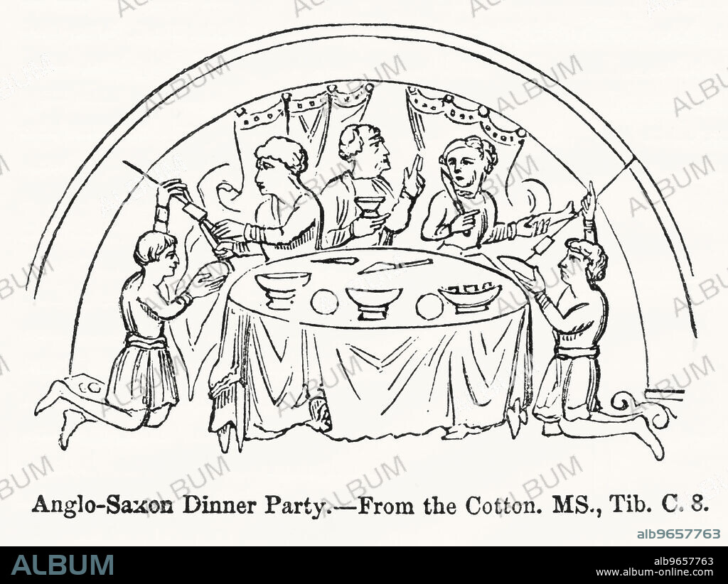 Anglo-Saxon Dinner Party, from the Cotton, MS., Tib. C. 8, Illustration from John Cassell's Illustrated History of England, Vol. I from the earliest period to the reign of Edward the Fourth, Cassell, Petter and Galpin, 1857.