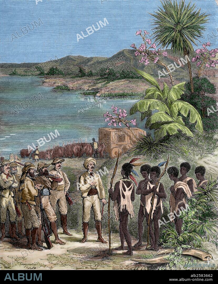 Henry Morton Stanley (1841-1904). British explorer. David Livingstone (1813-1873). Scottish doctor and explorer. Stanley and Livingstone on Lake Ngami. Engraving. Colored.