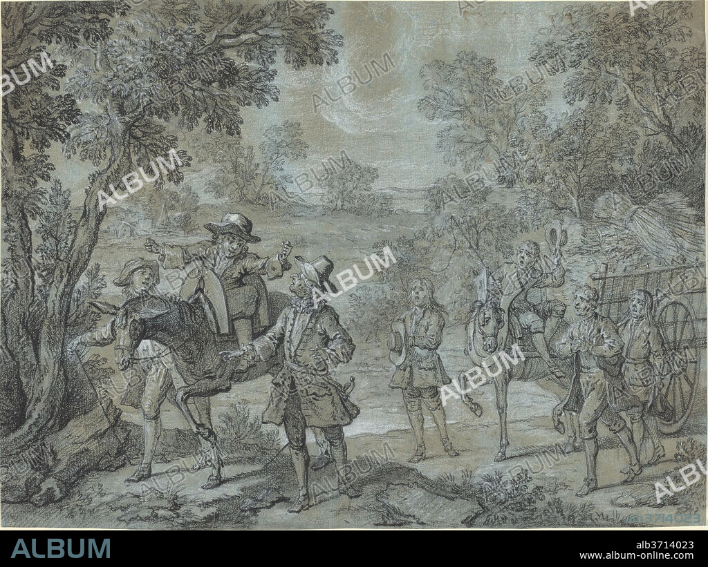 JEAN-BAPTISTE OUDRY. Ragotin declame des vers;  des paysans croient qu'il preche. Dated: 1737. Dimensions: overall: 33 x 44.2 cm (13 x 17 3/8 in.). Medium: black chalk heightened with white chalk on blue laid paper.