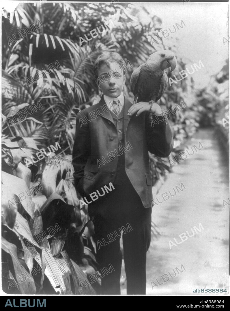 FRANCES BENJAMIN JOHNSTON. Teddy, Jr. & "Eli Yale", c1902 June 17. Theodore Roosevelt, Jr., posed with a blue macaw. [Son of President Theodore and Edith Roosevelt].