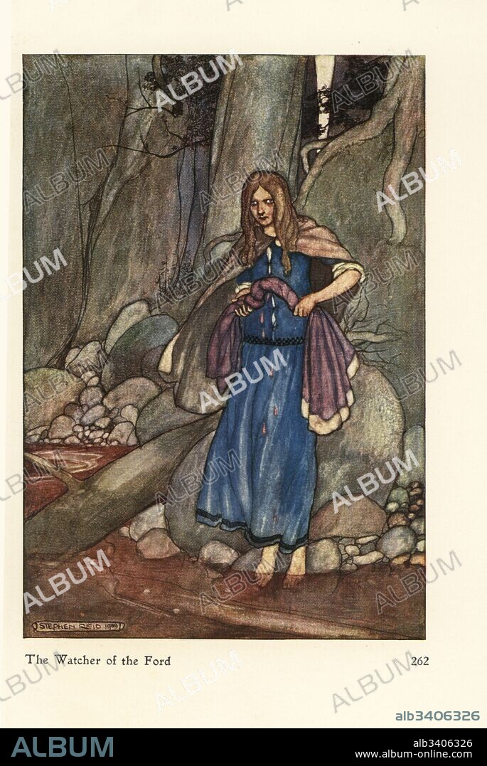 The Watcher of the Ford, daughter of the goddess of war Badb, washing Cuchulain's bloody garments. Chromolithograph after an illustration by Stephen Reid from Eleanor Hull's Cuchulain The Hound of Ulster, Harrap, London, 1909.