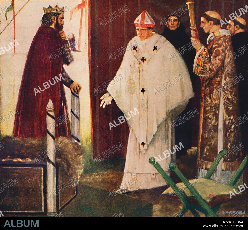 'Langston's interview with King John', 1912. Stephen Langton (c. 1150 - 9 July 1228) was an English Cardinal of the Roman Catholic Church and Archbishop of Canterbury. From The Mighty Army, by W. M. Letts, illustrated by Stephen Reid. [Wells Gardner, Darton & Co., Ltd, London, 1912].