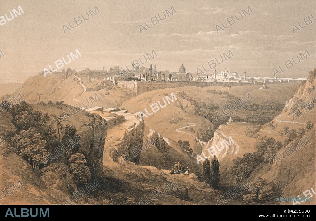 'Jerusalem from the Road Leading to Bethany', 1855. Rural scene in Palestine: Muslims praying among rocky outcrops in the foreground, and the holy city of Jerusalem in the distance. [Day & Son, London, 1855].