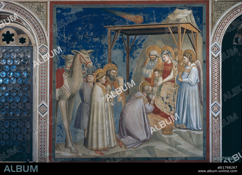 Stories of the Christ The Adoration of the Magi, by Giotto, 1304-1306 about, 14th Century, fresco, cm 200 x 185. Italy, Veneto, Padua, Scrovegni Chapel. All. The Adoration the Magi the Holy Famiy the Virgin Mary Madonna St Joseph the Infant Jesus the Christ Child foreshortened view of a hut the Magi worship camel.