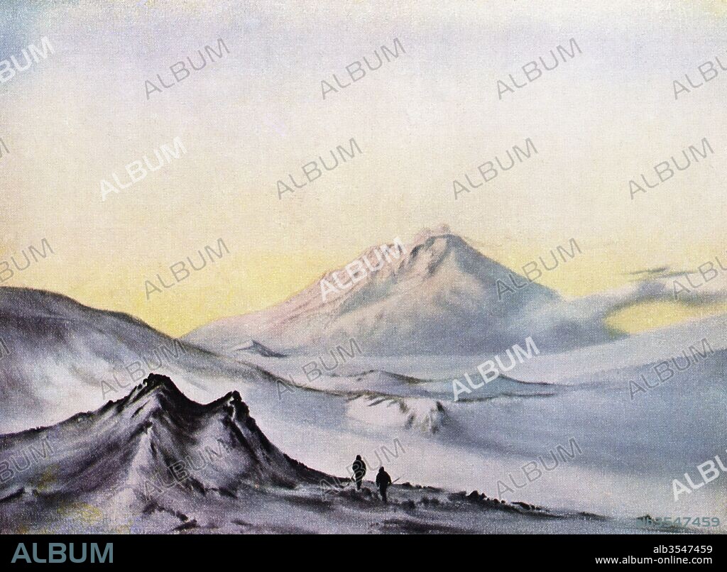 Mount Erebus, Ross Island, Antarctica, seen from Hut Point. After a water colour by Dr. E. A. Wilson drawn on the Second Scott Expedition, 1911 - 1913. From Impressions of English Literature, published 1944.