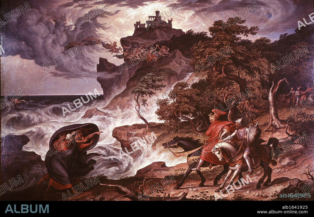 Joseph Anton Kock (1819-1839) German painter. Macbeth and the Witches (1835). The witches flying through the sky riding goats and broomsticks are holding up the crown which Macbeth coverts. Incident in Shakespeare's play first performed c1606. Oil on canvas. Innsbruck Museum.