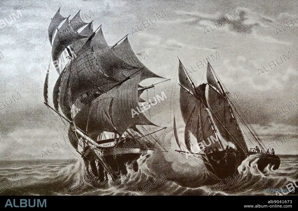 A pirate schooner ship, Commanded by Robert Surcouf Attacking the Merchant Ship Hope. 1780.