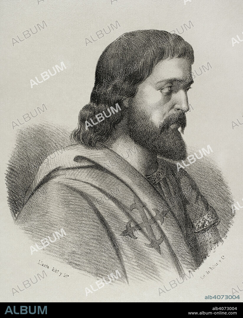 SANTIAGO LLANTA (FL. 1866-1872). FRENCH LITHOGRAPHER WHO WORKED IN SPAIN.. Pedro Alfonso de Carvajal (m. 1312). Caballero castellano y comendador de la Orden de Calatrava. Servidor del rey Fernando IV de Castilla. Condenado a muerte junto a su hermano Juan Alfonso por el propio rey en 1312. Retrato. Dibujo por Llanta. Litografía. Crónica General de España, Historia Ilustrada y Descriptiva de sus Provincias. Andalucía, 1869.
