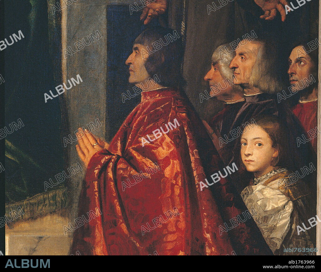 Pesaro Madonna (Pala Pesaro), by Tiziano Vecellio known as Titian, 1519-1526 about, 16th Century, oil on canvas, cm 478 x 266. Italy, Veneto, Venice, Santa Maria Gloriosa dei Frari Basilica. Detail Pesaro family man child fabric tissue red gaze.