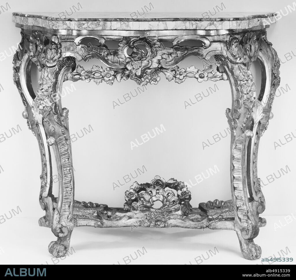 Console table, Italian, Rome, ca. 1740, Italian, Rome, Wood, carved and gilded with sarrancolin and vert-de-mer marble top, H. 34-1/2 x W. 44 x D. 21-1/2 in. (87.6 x 111.8 x 54.6 cm), Woodwork-Furniture.