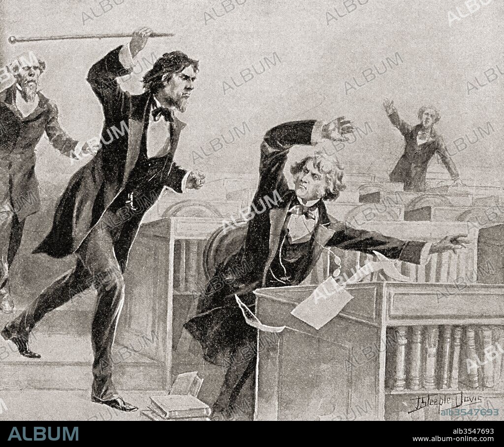 Preston Smith Brooks, a fervent advocate of slavery, assaulting Senator Charles Sumner, an abolitionist, with a cane on the floor of the United States Senate, on May 22, 1856, in retaliation for an anti-slavery speech by Sumner in which the former verbally attacked Brooks' second cousin, Senator Andrew Butler. Preston Smith Brooks, 1819 – 1857. Democratic Representative. Charles Sumner, 1811 – 1874. American politician and senator from Massachusetts. From The History of Our Country, published 1905.
