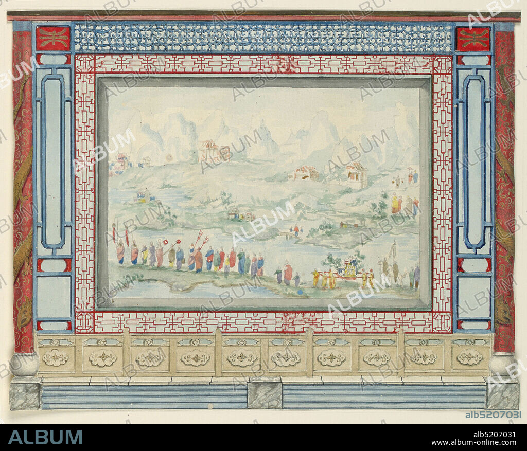 Wall Decoration with Oriental Landscape, probably for Conservatory/Music Room, Royal Pavilion, Brighton, George IV, King of England, English, 1762 1830, Brush and watercolor, pen and black ink, graphite on white wove paper, Design for a wall panel, the central area occupied by a large painting of a Chinese landscape with processional figures in the foreground. The painting is enclosed in a border of trellis-work, flanked by narrow vertical panels and columns, entwined by serpents., Original album associated with this collection still exists: see 1948-40-1 accessory., 181522, interiors, Drawing, Drawing.