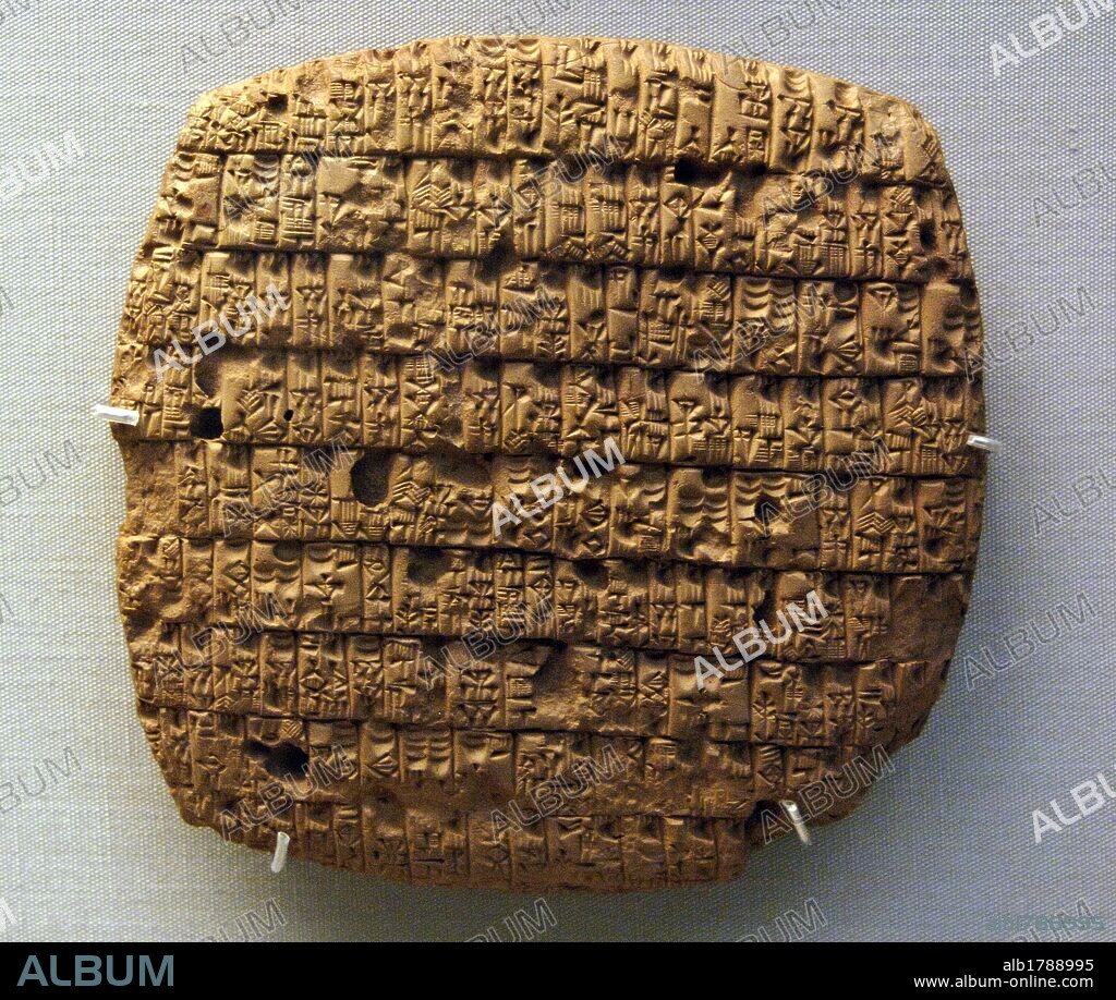 Tablilla con ESCRITURA CUNEIFORME sobre el REPARTO DE LAS RACIONES DE CEBADA. Fechada en el período Dinástico Arcaico III, en el año 4 del rey de Lagash Uruinimgina, entre los años 2351-2342 a. C. Procede de Girsu. Museo Británico. Londres. Inglaterra. Reino Unido.