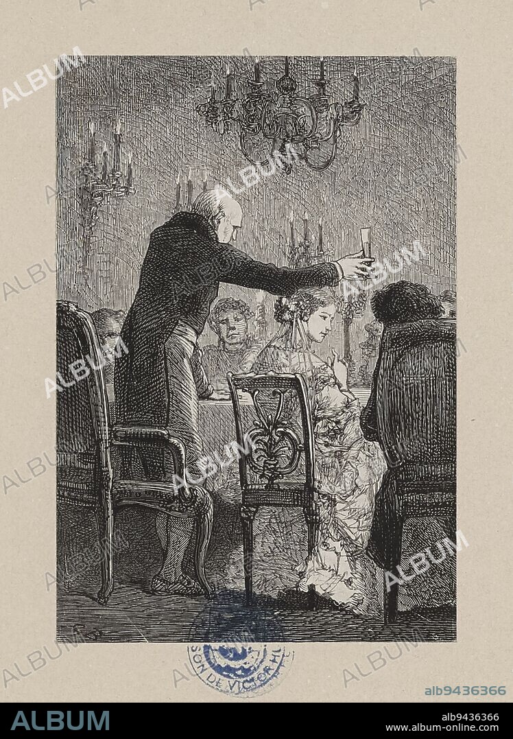 Les Misérables, Part Five, Book Six Chapter II, At dessert, Mr. Gillenormand standing..., Yon, Edmond Charles Joseph, Engraver, Perrichon, Jules-Léon, Engraver, Brion, Gustave, Author of the model, Bonaventure et Ducessois (imprimerie), Printer, Hetzel, Pierre-Jules, Publisher, Lacroix, Albert, Publisher, About 1865, 3rd quarter of the 19th century, House of Victor Hugo - Hauteville House, Graphic arts, Print, Woodcut, Height: 13. 2 cm, Width: 9 cm.