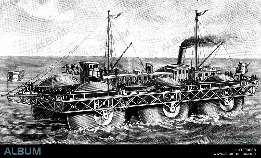 Engraving of a roller boat by Ernest Bazin. Dated 19th Century.