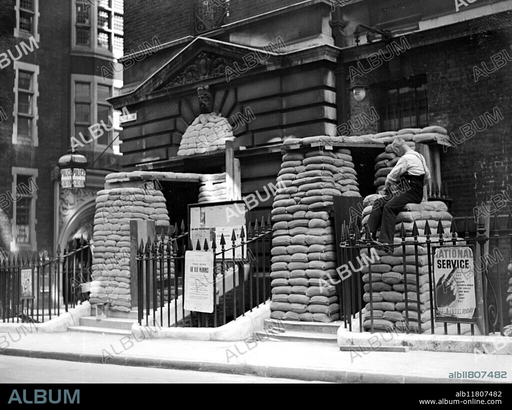 War Crisis, 1939. Sandbags at Cloak Lane Police Station. 29 August 1939.