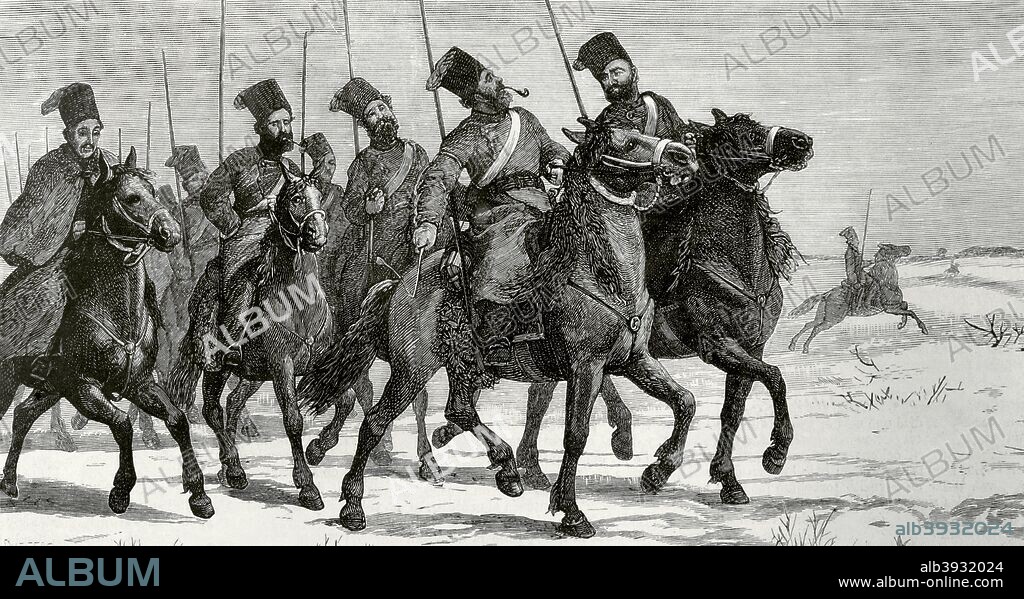 The Eastern Question. Serbian-Turkish Wars (1876-1878). Serbia declared war on the Ottoman Empire on June 30, 1876. Detachment of Russian Cossacks marching towards the Prut river line and Bessarabia region. The Cossacks were light cavalry troops of the Russian army. Engraving. La Ilustracion Espa–ola y Americana, December 15, 1876.