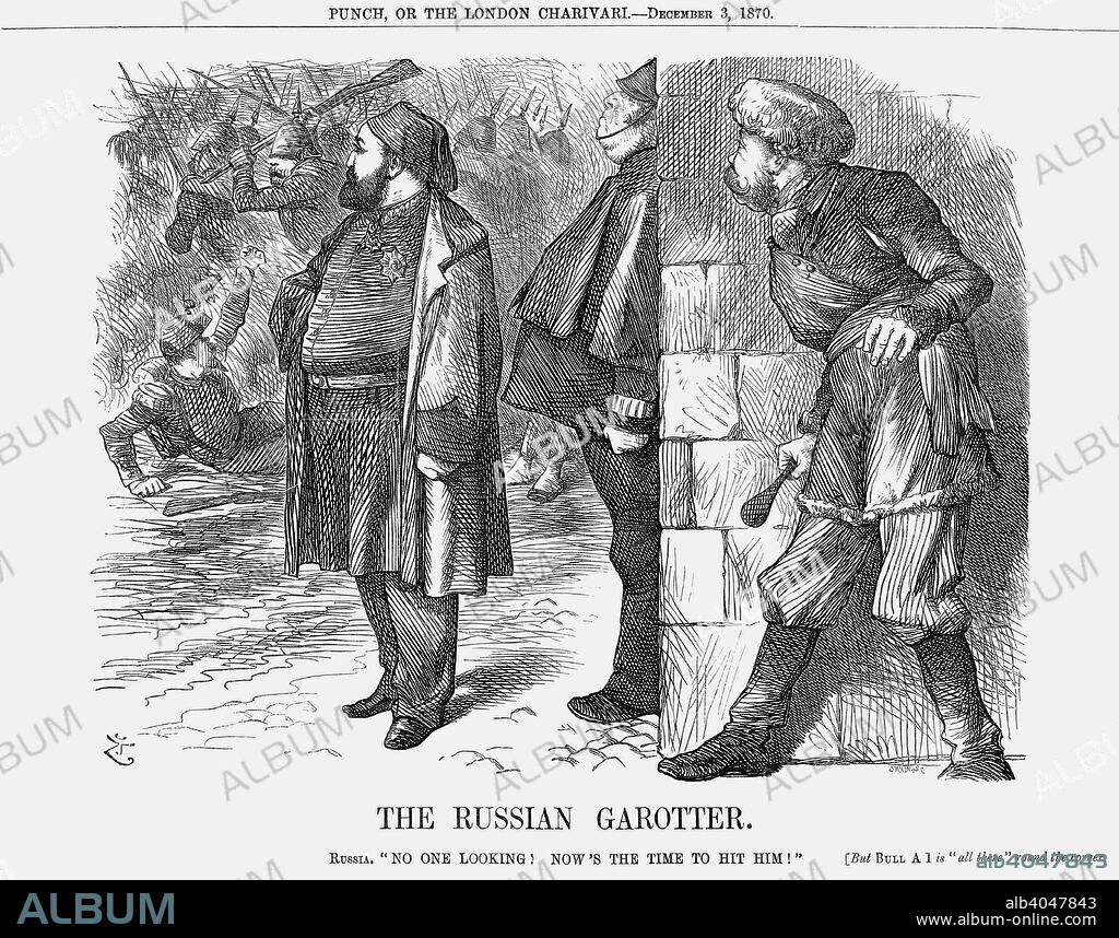 'The Russian Garotter', 1870. The Russian exclaims No one Looking! Now's the Time to Hit Him! A Russian is seen creeping up on Turkey as he stands watching the bitter fighting between Prussia and France in the background. Britain, pledged to preserve the independence of Turkey, is represented by Mr Policeman Bull, the representative of British law and order. Turkey was beginning to experience internal administrative problems, and Russia was beginning to cast covetous eyes in that direction. The reference to the garrotting comes from the rash of garrotting crimes that had taken place in London some years earlier. From Punch, or the London Charivari, December 3, 1870.