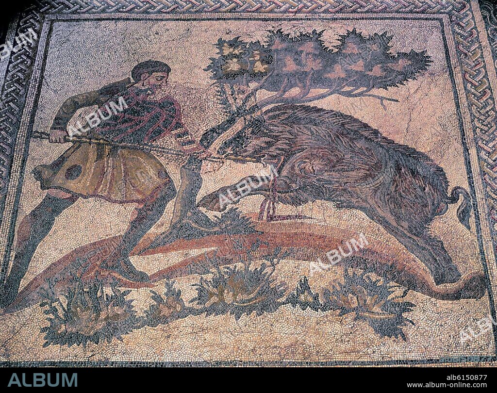 AUTOR LIBRE 01307. CAZA DEL JABALI O ADONIS EN LA LUCHA CON EL JABALI - MOSAICO ROMANO PROCEDENTE DE LA VILLA DE LAS TIENDAS A 18 KM DE MERIDA.