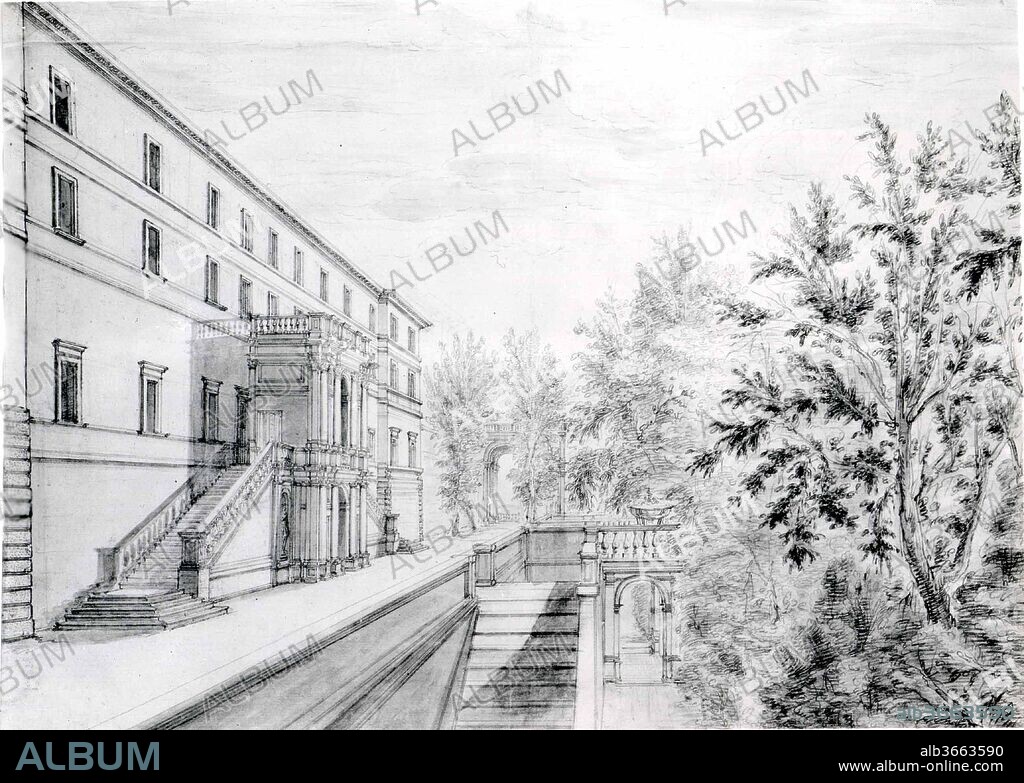 ISRAëL SILVESTRE. View of the Garden Terrace of the Villa d'Este at Tivoli. Artist: Israel Silvestre (French, Nancy 1621-1691 Paris). Dimensions: 13 7/16 x 18 9/16 in.  (34.1 x 47.1 cm). Date: 1643-44.