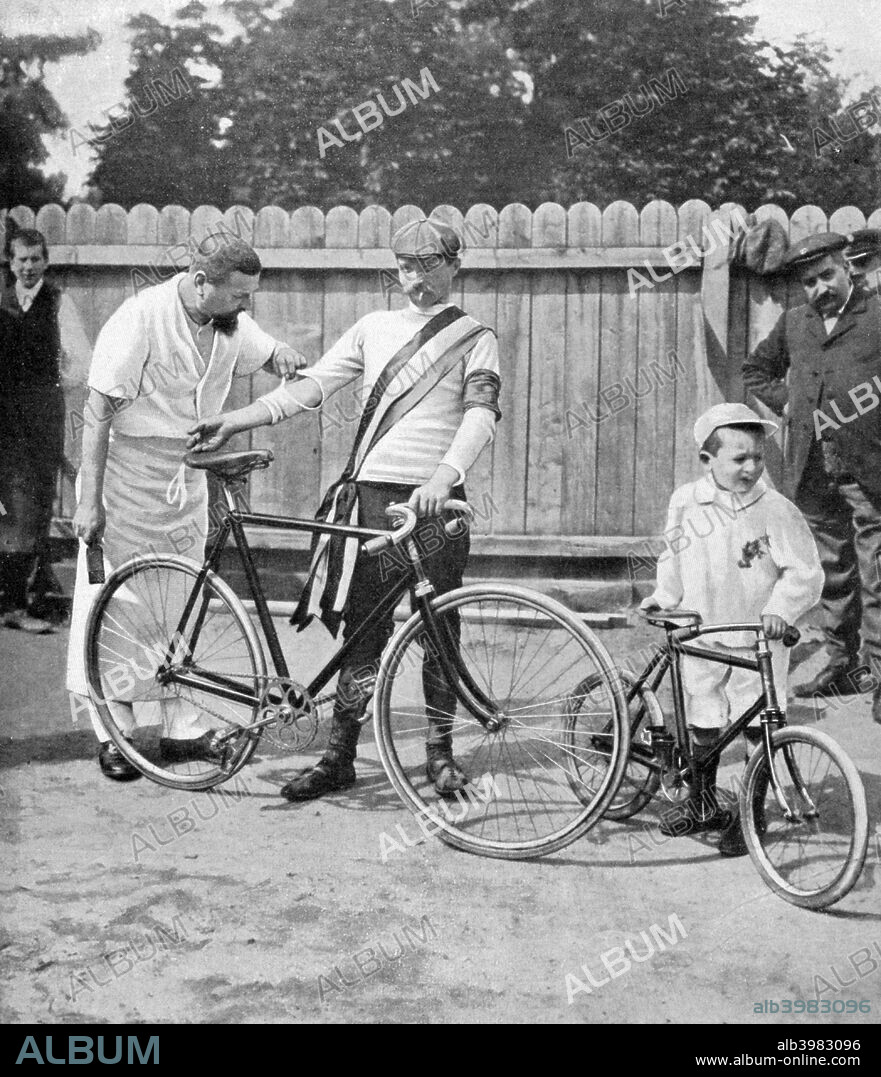 Maurice Garin, winner of the inaugural Tour de France, 1903. A print from La Vie au Grand Air, 24th July 1903. Garin was initially declared the winner of the Tour the following year as well, but was later disqualified for taking a train through part of the route.