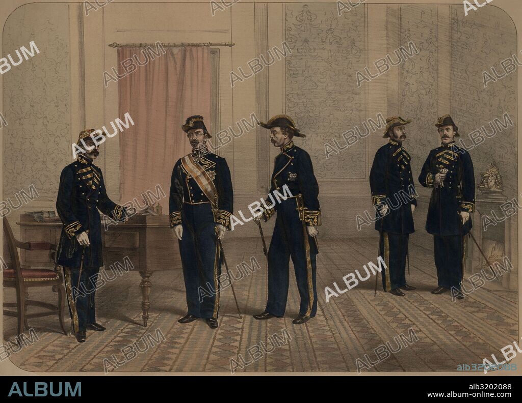 España. Uniforme militar de la Sanidad Militar. Subinspector, Director general, Inspector, Primer ayudante, y Primer médico. Grabado de 1840.