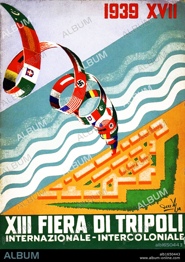 Italian fascist poster celebrating the XIII Tripoli Fair. Italy colonised Libya in a period of colonial expansiion during the 1930's.
