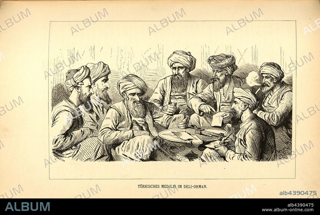 Turkish Medjlis in Deli Orman, Madschlis in the Ludogorie region (Bulgaria), Fig. 110, after p. 260, 1879, F. Kanitz: Donau-Bulgarien und der Balkan: historisch-geographisch-ethnographische Reisestudien aus den Jahren 1860-1879. Leipzig: Verlagsbuchhandlung von Hermann Fries, 1879-1880.