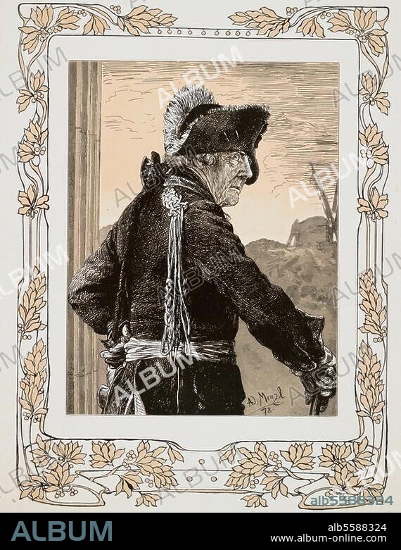 ADOLPH VON MENZEL. Frederick II (the Great), King of Prussia, 24.1.1712 (Berlin) - 17.8.1786. Sanssouci nr. Potsdam). - Der Alte Fritz - Woodcut by Adolph Menzel, 1878.