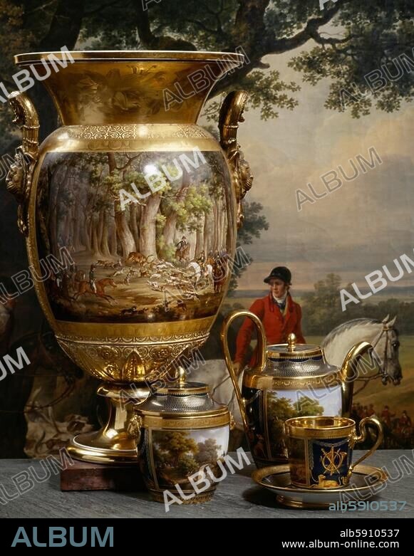 Kunsthandwerk / Porzellan:. Manufaktur Sèvres, 1817. Teeservice mit Jagdmotiven. Porzellanmalerei von Jean-François Robert (1778-1843). (1819 Geschenk Ludwigs XVIII. für seinen Neffen Duc de Berry). Paris, Musée de la Chasse & de la Nature.