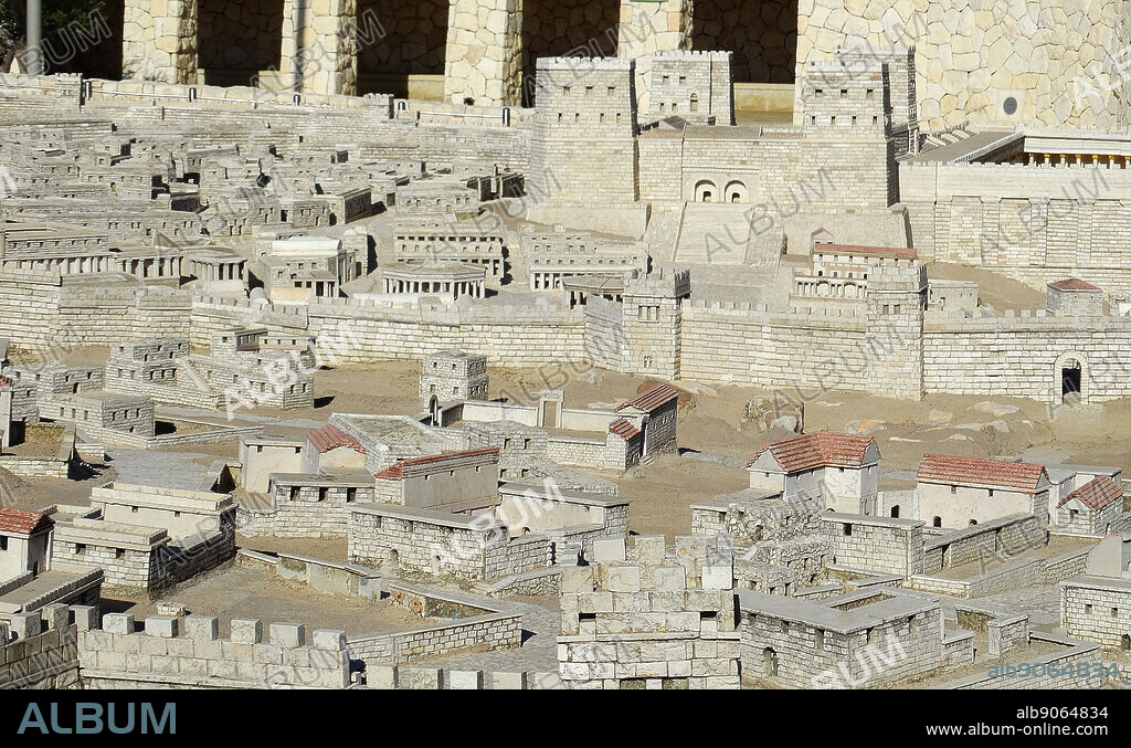 The Antonia fortress in the model of Jerusalem at the Israel Museum. The Model is a 1:50 scale-model of the City of Jerusalem in the late Second Temple Period. The model was designed by Israeli historian and geographer Michael Avi Yonah based on the writings of Flavius Josephus and other historical sources. The model includes a replica of the Herodian Temple.