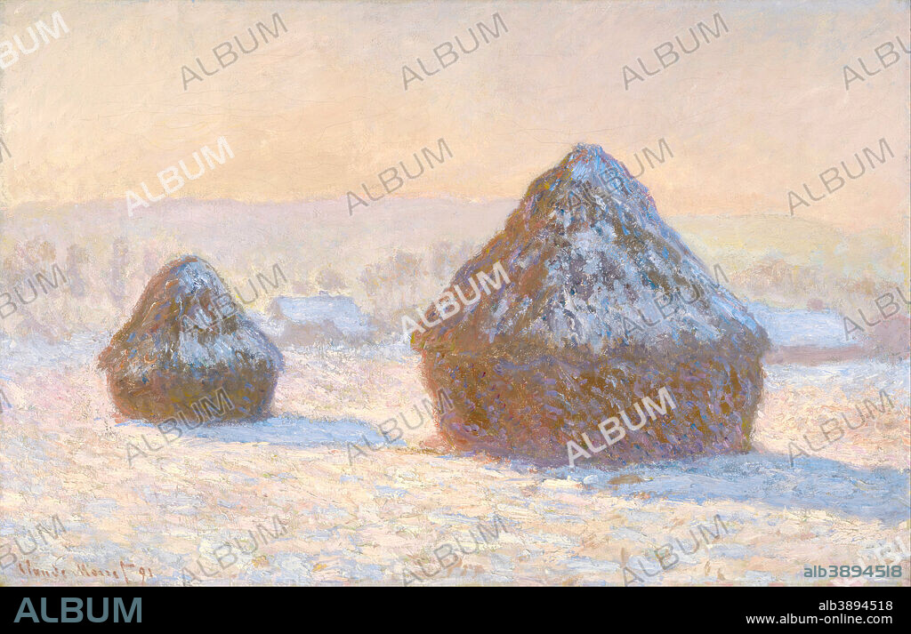 CLAUDE MONET. Wheatstacks, Snow Effect, Morning. Date/Period: 1891. Painting. Oil on canvas. Height: 648 mm (25.51 in); Width: 997 mm (39.25 in).