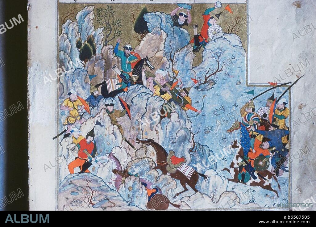 Timur (Timur Lenk, Timur-i-Läng, Tamerlan); asiatischer Eroberer aus turkisiertem mongolischen Geschlecht; Gründer der Timuriden-Dynastie in Persien und Transoxanien; Käsch (Transoxanien) 8.4.1336 - Otrar bei Tschimkent 19.1.1405. Timur (in Grün auf schwarzem Pferd) greift bei Tang-i Haram die Stellung des Amir Husayn an. Ausschnitt. Persische Miniatur, 1486. Illustration zum Zafar-name (Buch des Sieges / Geschichte Timurs) des persischen Geschichtsschreibers Sharaf ad-Din Ali Yazdi (gst. 1454). Gouache auf Papier. Ms. 1964. Istanbul, Museum für türkische und islamische Kunst.