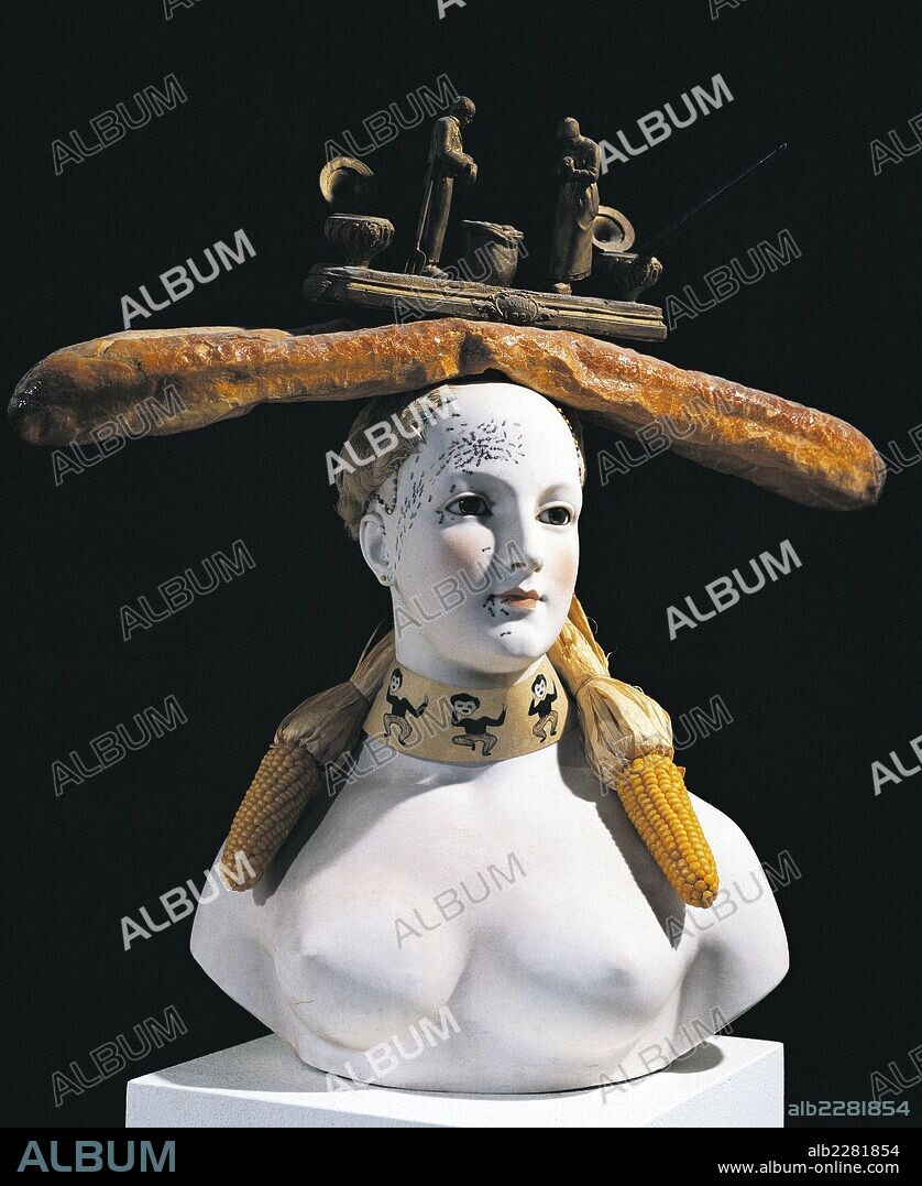 SALVADOR DALÍ. Retrospective Bust of a Woman, 1933, by Salvador Dali (1904-1989), sculpture in painted porcelain and other materials, 74x69x32 cm. 20th century.
