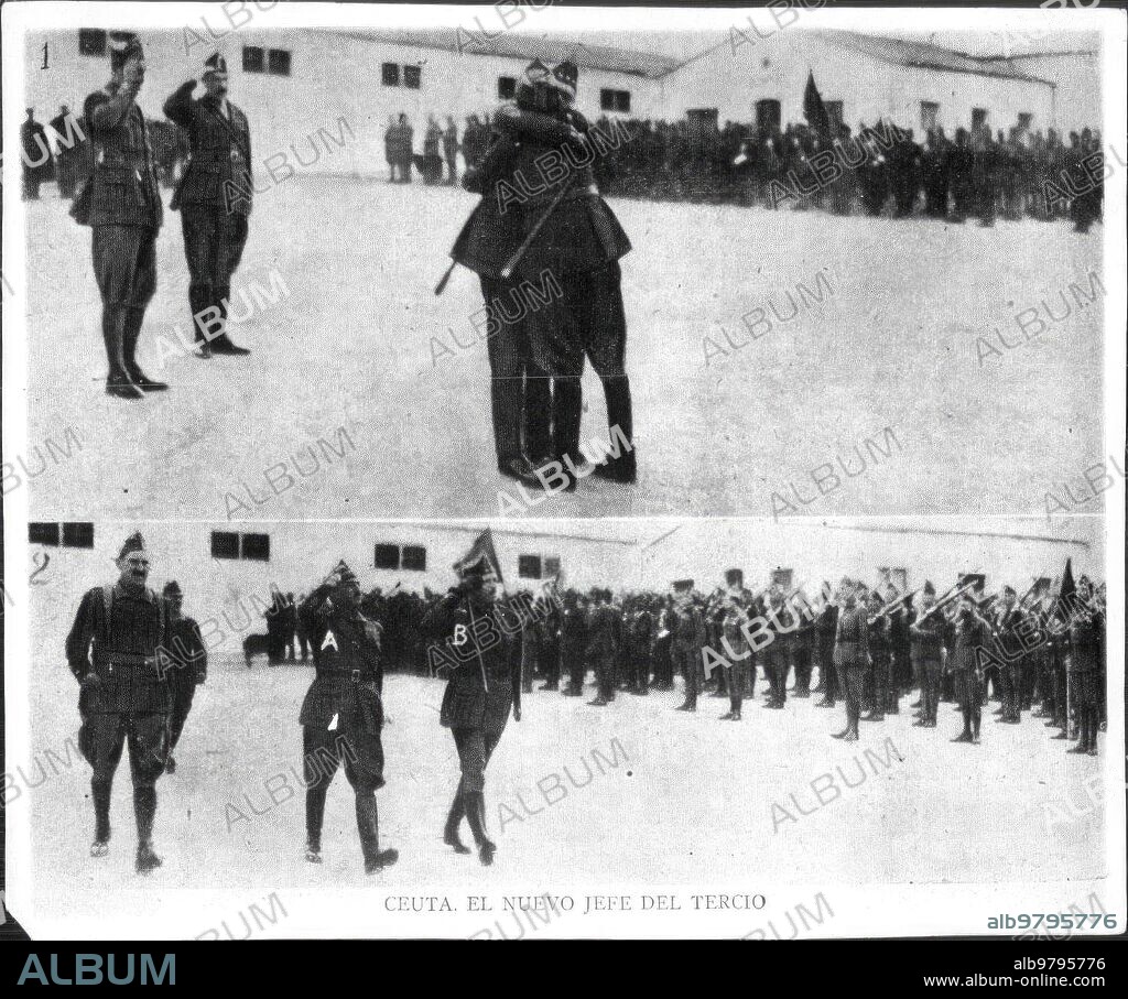 14 febrero 1926. El general franco y el coronel Millán Astray Abrazándose después de recibir este último el mando de la legión de Voluntarios, por el ascenso al generalato del Primero. En la imagen Inferior, el Genral franco y el nuevo jefe Pasando Recivista A las Tropas.