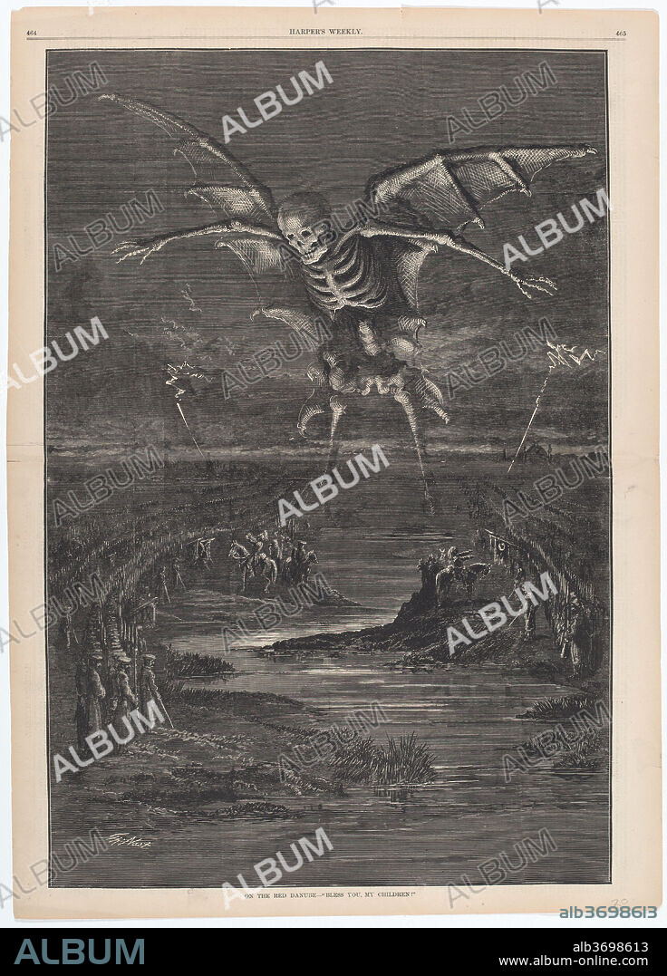 THOMAS NAST. On the Red Danube. Dated: 1877. Dimensions: image: 50.96 × 34.45 cm (20 1/16 × 13 9/16 in.)  sheet: 55.25 × 39.69 cm (21 3/4 × 15 5/8 in.). Medium: wood engraving in black on newsprint, two-page centerfold.