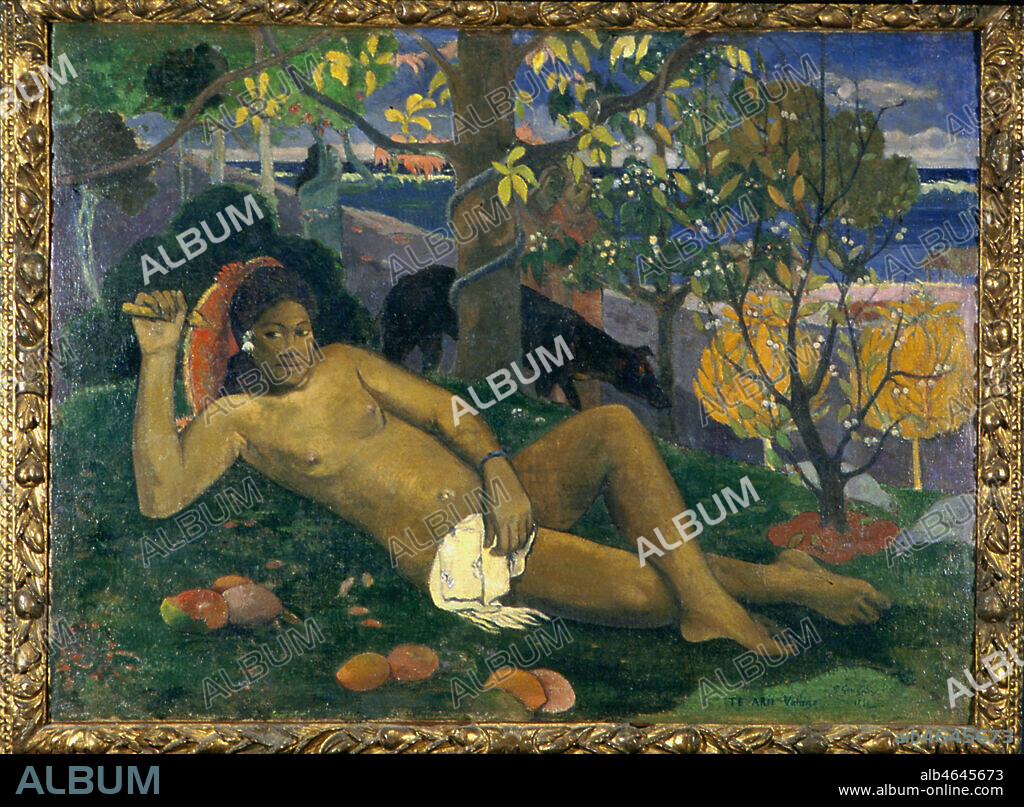 "Te arii vahine ou La femme du roi" peint par Paul Gauguin à Tahiti en 1896 représente une Eve tahitienne inspirée par deux tableaux, Le repos de Diane de Cranach et Olympia de Manet. Leningrad, Musée de l'Ermitage. Credit: Coll. Bouquignaud/Kharbine-Tapabor.