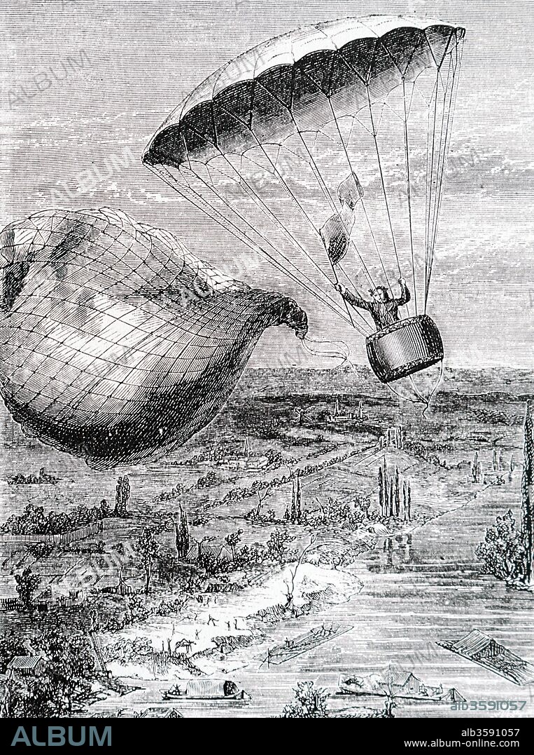 Engraving depicting Andre-Jacques Garnerin making his first parachute descent. Andre-Jacques Garnerin (1769-1823) a French balloonist and inventor of the frameless parachute. Dated 18th Century.