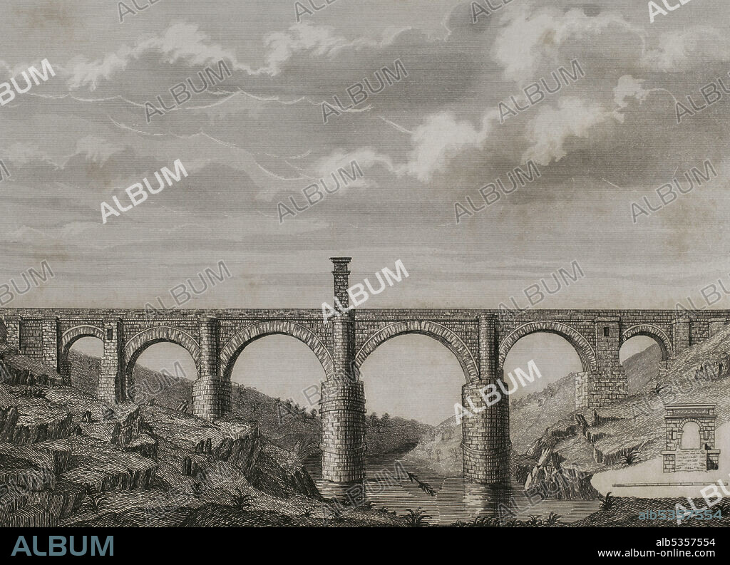 Spain, Extremadura. Alcántara Bridge. Roman Bridge. It was built over Thagus river between 104-106 AD by order of the emperor Trajan. Engraving. Las Glorias Nacionales. Volume I, Madrid-Barcelona edition, 1852.